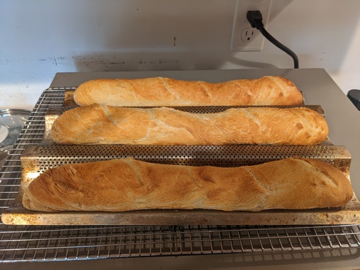 3 baguettes, still in their pan